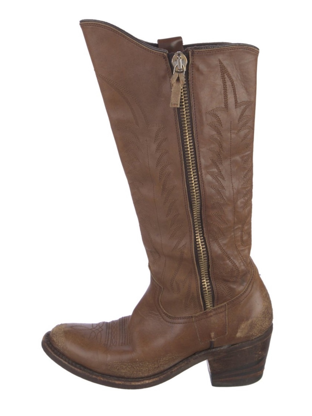 Golden Goose Brown Leather Knee-High Western Zip Boot